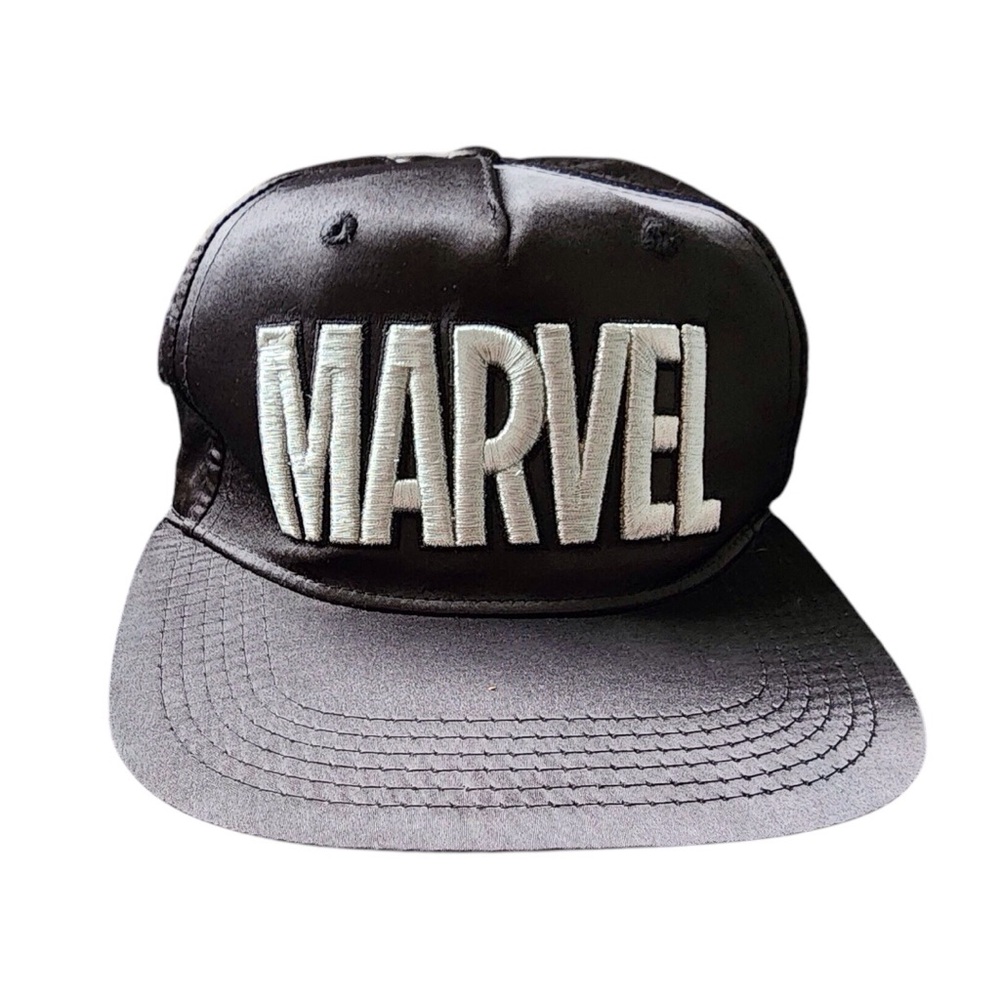 MARVEL Black Satin Hat Silver Metallic Logo Brand Adjustable Comics Classic OSFM